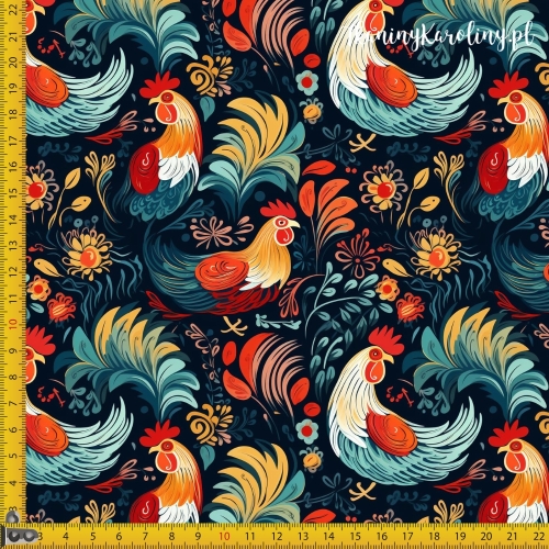 TKANINA WODOODPORNA OXFORD Koguty 4 - kolorowe paisley na czarnym tle