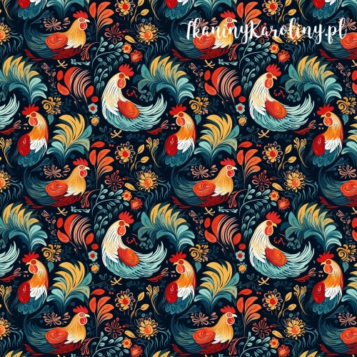 TKANINA WODOODPORNA OXFORD Koguty 4 - kolorowe paisley na czarnym tle