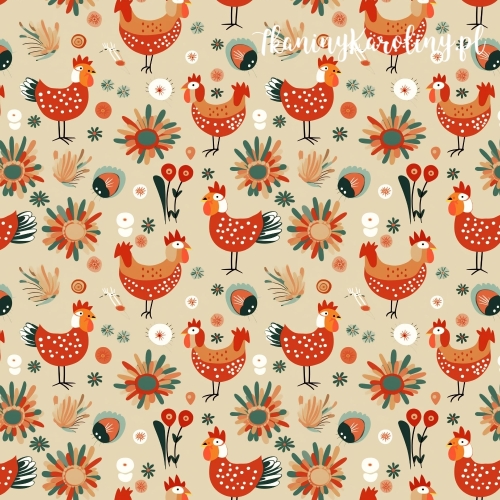 TKANINA WODOODPORNA OXFORD Koguty 5 - pomarańczowe geometryczne na beżowym tle