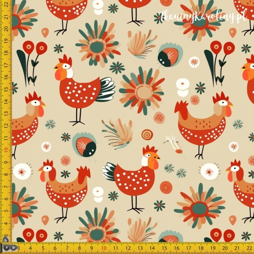 TKANINA WODOODPORNA OXFORD Koguty 5 - pomarańczowe geometryczne na beżowym tle