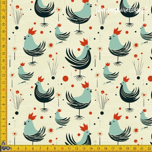 TKANINA WODOODPORNA OXFORD Koguty 6 - seledynowe z czerwonym grzebieniem