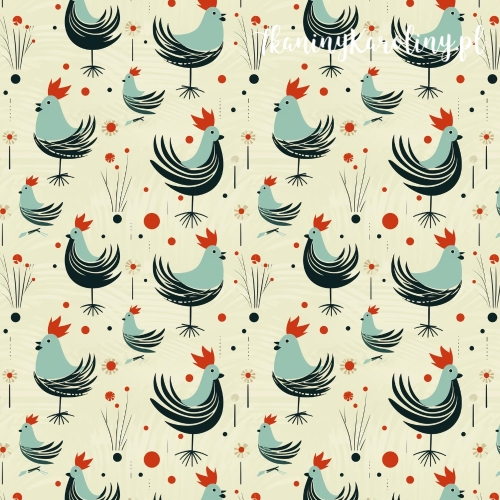 TKANINA WODOODPORNA OXFORD Koguty 6 - seledynowe z czerwonym grzebieniem