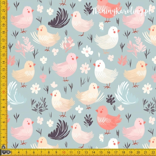 TKANINA WODOODPORNA OXFORD Koguty 7 - pastelowe kurczaczki