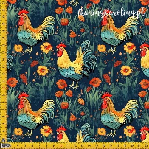 TKANINA WODOODPORNA OXFORD Koguty 8 - kolorowe na granatowym tle z kwiatami
