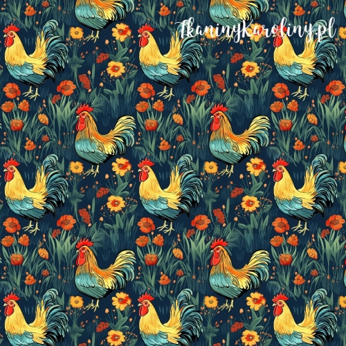 TKANINA WODOODPORNA OXFORD Koguty 8 - kolorowe na granatowym tle z kwiatami