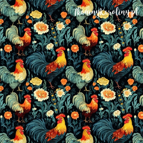 TKANINA WODOODPORNA OXFORD Koguty 9 - kolorowe w kwiatach na czarnym tle