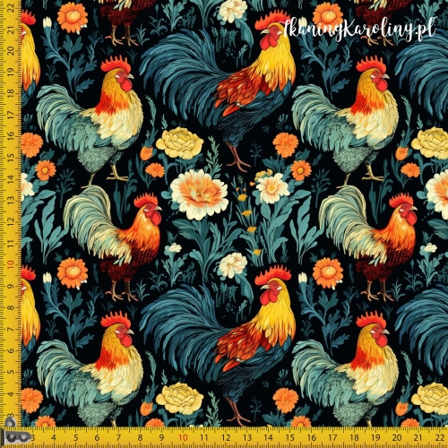 TKANINA WODOODPORNA OXFORD Koguty 9 - kolorowe w kwiatach na czarnym tle