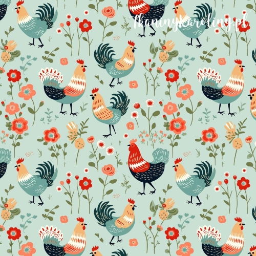 TKANINA WODOODPORNA OXFORD Koguty 13 - kolorowe z kwiatami na miętowym tle