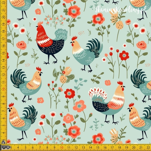 TKANINA WODOODPORNA OXFORD Koguty 13 - kolorowe z kwiatami na miętowym tle