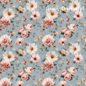 WELUR TAPICERSKI DRUKOWANY Róże i kwiaty 4 - różowe i białe róże na błękitnym tle [6-8]