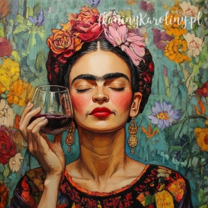 OD RĘKI Panel wodoodporny - Frida Kahlo - kieliszek wina, kwiecista tapeta w tle 50x50