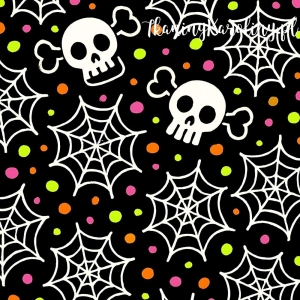 OD RĘKI Panel welurowy, Neon Halloween - czaszki, białe pajęczyny i kolorowe kropki na czarnym tle 50x50