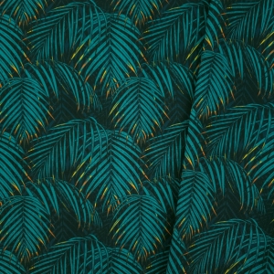 TKANINA WODOODPORNA OXFORD Liście palmowe turkusowe na granatowym