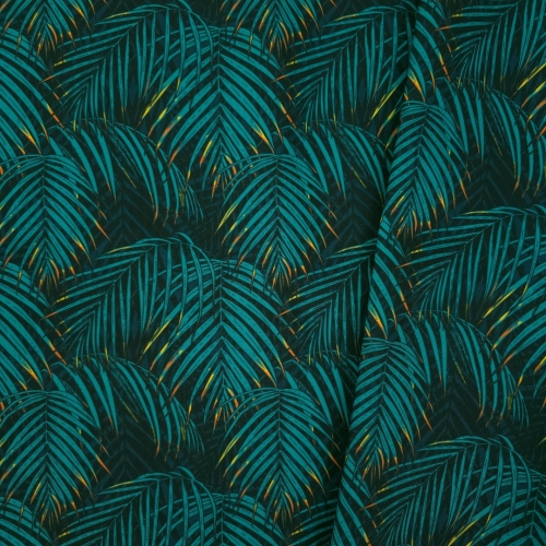 TKANINA WODOODPORNA OXFORD Liście palmowe turkusowe na granatowym