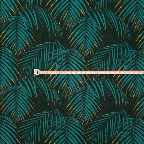 TKANINA WODOODPORNA OXFORD Liście palmowe turkusowe na granatowym