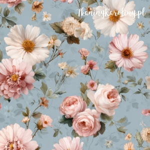 TKANINA WODOODPORNA OXFORD Róże i kwiaty 4 - różowe i białe róże na błękitnym tle [6-8]