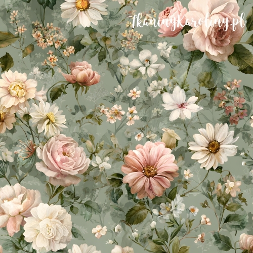 TKANINA WODOODPORNA OXFORD Róże i kwiaty 23 - różowe róże białe drobne kwiaty na zielonym jasnym tle