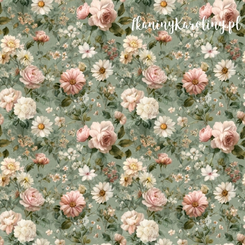 TKANINA WODOODPORNA OXFORD Róże i kwiaty 23 - różowe róże białe drobne kwiaty na zielonym jasnym tle