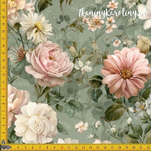 TKANINA WODOODPORNA OXFORD Róże i kwiaty 23 - różowe róże białe drobne kwiaty na zielonym jasnym tle