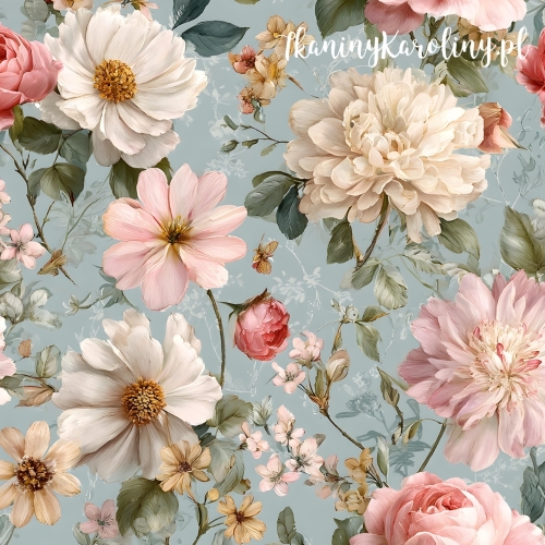 WELUR TAPICERSKI DRUKOWANY Róże i kwiaty 4 - różowe i białe róże na błękitnym tle