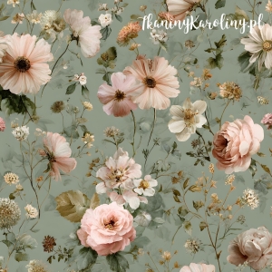 OD RĘKI WELUR TAPICERSKI DRUKOWANY Róże i kwiaty 19 - różowe róże i drobne gałązki na zielonym tle 