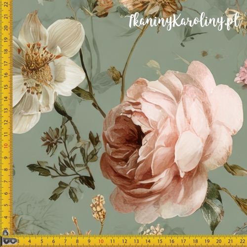 WELUR TAPICERSKI DRUKOWANY Róże i kwiaty 19 - różowe róże i drobne gałązki na zielonym tle
