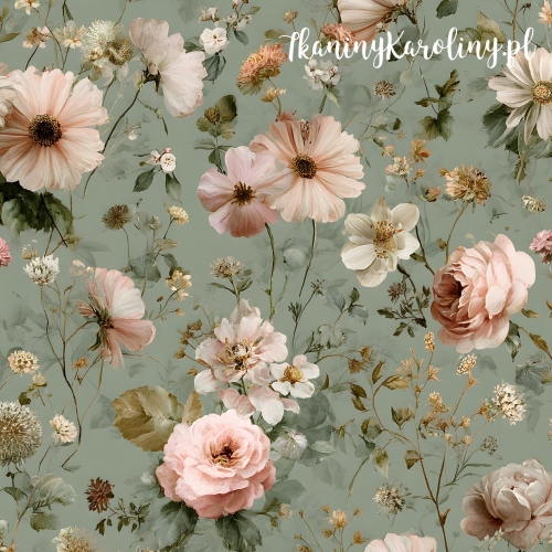 TKANINA WODOODPORNA OXFORD Róże i kwiaty 19 - różowe róże i drobne gałązki na zielonym tle