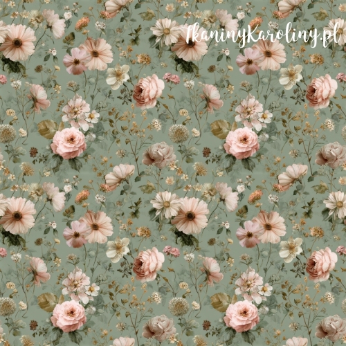 TKANINA WODOODPORNA OXFORD Róże i kwiaty 19 - różowe róże i drobne gałązki na zielonym tle