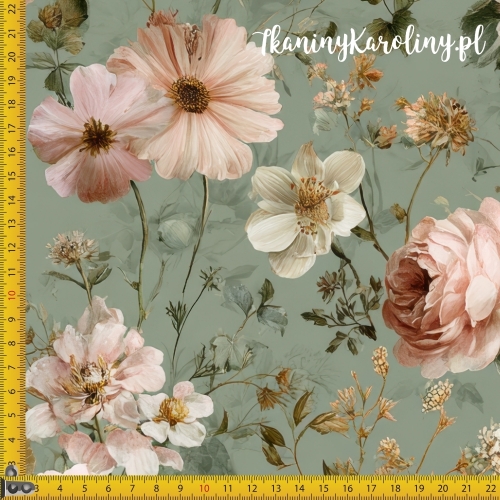 TKANINA WODOODPORNA OXFORD Róże i kwiaty 19 - różowe róże i drobne gałązki na zielonym tle