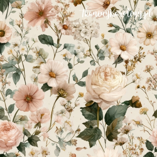 TKANINA WODOODPORNA OXFORD Róże i kwiaty 25 - białe i różowe róże z liśćmi na jasno beżowym tle