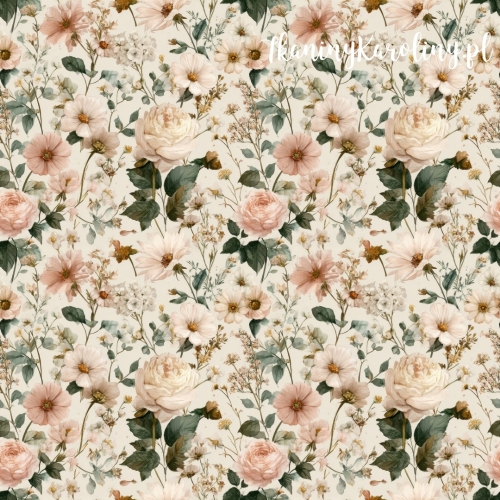 TKANINA WODOODPORNA OXFORD Róże i kwiaty 25 - białe i różowe róże z liśćmi na jasno beżowym tle