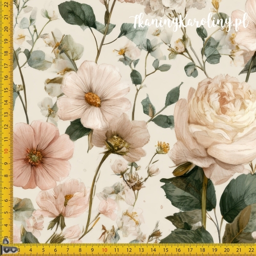 TKANINA WODOODPORNA OXFORD Róże i kwiaty 25 - białe i różowe róże z liśćmi na jasno beżowym tle