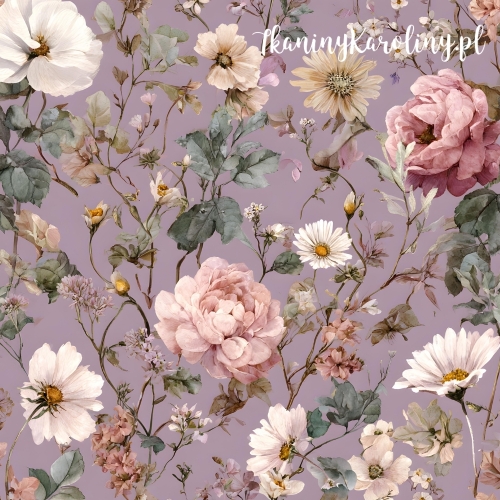 TKANINA WODOODPORNA OXFORD Róże i kwiaty 46 - jasne róże i białe dzikie różowe z jesiennymi gałązkami na brudno fioletowym tle