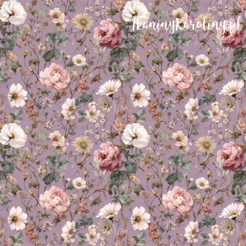 TKANINA WODOODPORNA OXFORD Róże i kwiaty 46 - jasne róże i białe dzikie różowe z jesiennymi gałązkami na brudno fioletowym tle