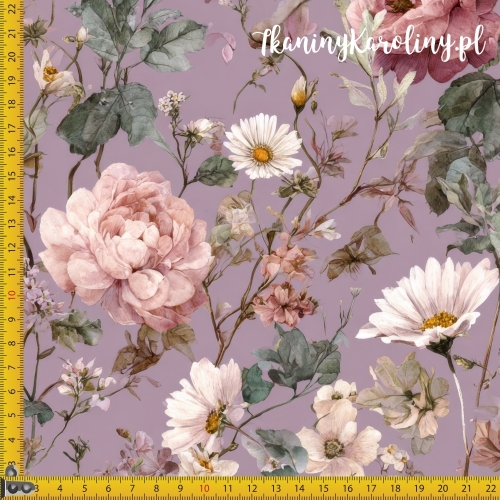 TKANINA WODOODPORNA OXFORD Róże i kwiaty 46 - jasne róże i białe dzikie różowe z jesiennymi gałązkami na brudno fioletowym tle