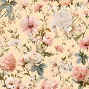 OD RĘKI WELUR TAPICERSKI DRUKOWANY Róże i kwiaty 42 - jasno różowe pastelowe róże, białe i różowe piwonie i dalie na jasno pastelowym żółtym tle