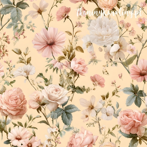 TKANINA WODOODPORNA OXFORD Róże i kwiaty 42 - jasno różowe pastelowe róże, białe i różowe piwonie i dalie na jasno pastelowym żółtym tle