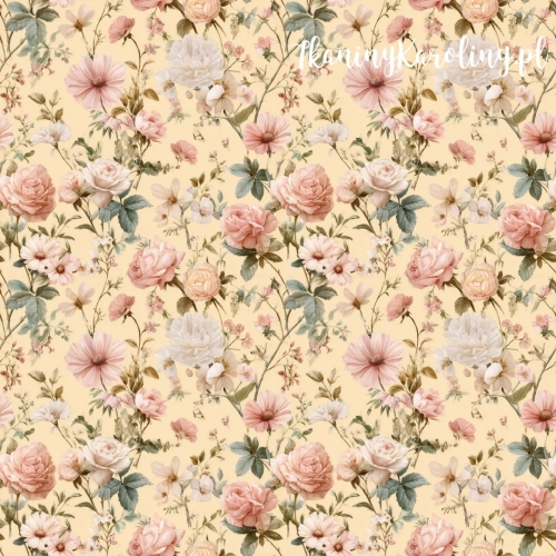 TKANINA WODOODPORNA OXFORD Róże i kwiaty 42 - jasno różowe pastelowe róże, białe i różowe piwonie i dalie na jasno pastelowym żółtym tle