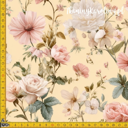 TKANINA WODOODPORNA OXFORD Róże i kwiaty 42 - jasno różowe pastelowe róże, białe i różowe piwonie i dalie na jasno pastelowym żółtym tle