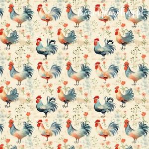 OD RĘKI WELUR TAPICERSKI Koguty 3 - z szarymi piórami na beżowym tle z kwiatami