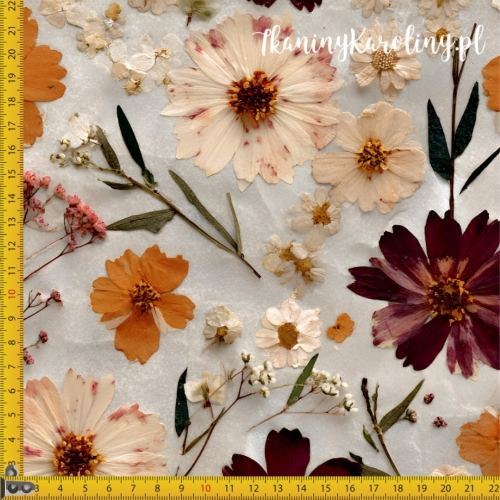TKANINA WODOODPORNA OXFORD Kwiaty suszone 27 - małe i duże pomarańczowe, kremowe i bordowe