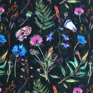 OD RĘKI WELUR TAPICERSKI Kwiaty polne i pióra na czarnym