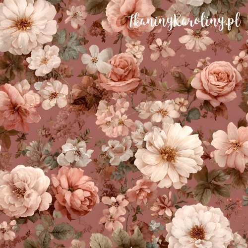 TKANINA WODOODPORNA OXFORD Róże i kwiaty 33 - białe dzikie różowe i różowe róże z drobnymi kwiatami na ciemno brudno różowym tle