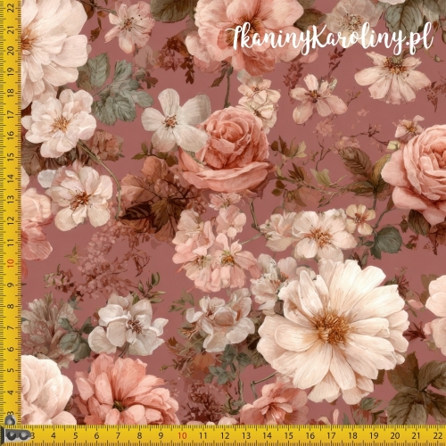 TKANINA WODOODPORNA OXFORD Róże i kwiaty 33 - białe dzikie różowe i różowe róże z drobnymi kwiatami na ciemno brudno różowym tle