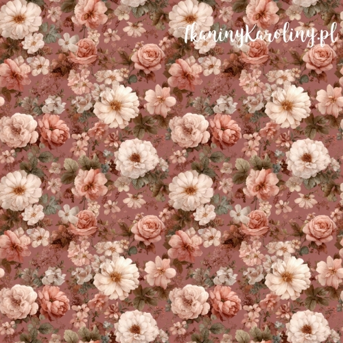 TKANINA WODOODPORNA OXFORD Róże i kwiaty 33 - białe dzikie różowe i różowe róże z drobnymi kwiatami na ciemno brudno różowym tle
