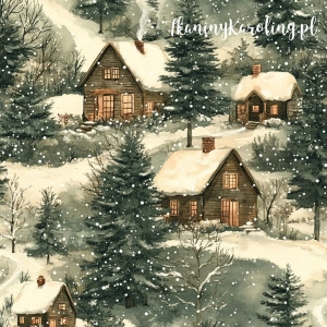 OD RĘKI TKANINA WODOODPORNA OXFORD Wzory świąteczne - brązowe chatki na śniegu (ciemniejsze tło)