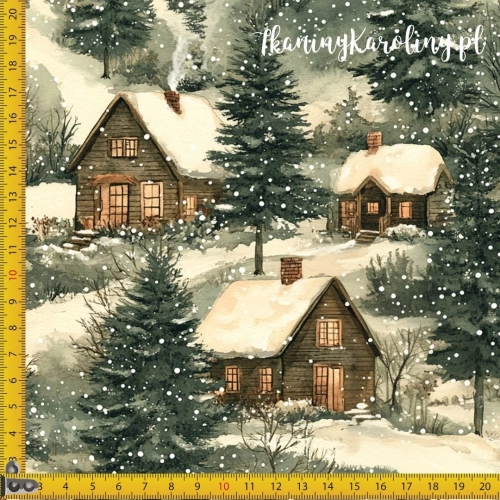 TKANINA WODOODPORNA OXFORD Wzory świąteczne - brązowe chatki na śniegu (ciemniejsze tło)