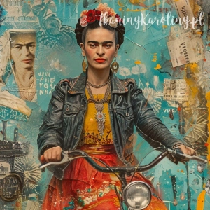 Panel welurowy - Frida Kahlo - na rowerze z lampką(Rozmiar panelu: 50 x 50) 