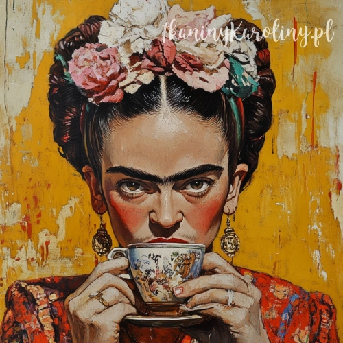- Frida Kahlo - z białą filiżanką na pomarańczowym tle [6-8]