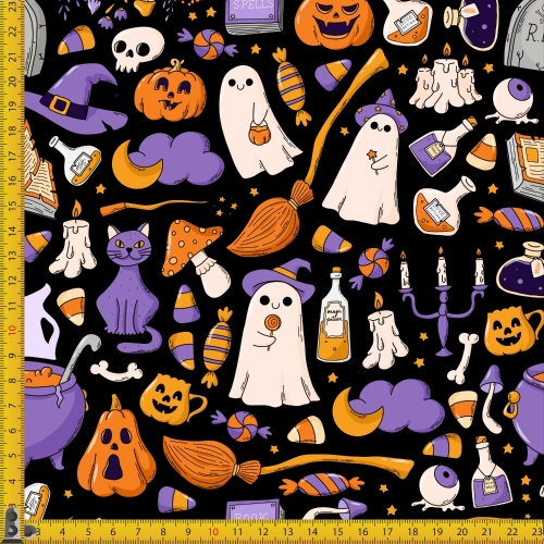 TKANINA WODOODPORNA OXFORD Halloweenowe duszki i fioletowe akcesoria